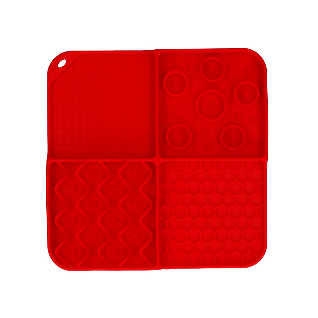 Tapis à lécher carré rouge à 4 motifs