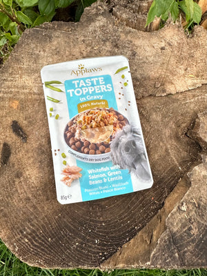 Topper en sauce Applaws - Poisson Blanc/Saumon/Haricots Verts/Lentilles - 85g